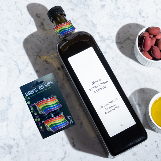 Drips to Sips Pride collars, olive oil bottles